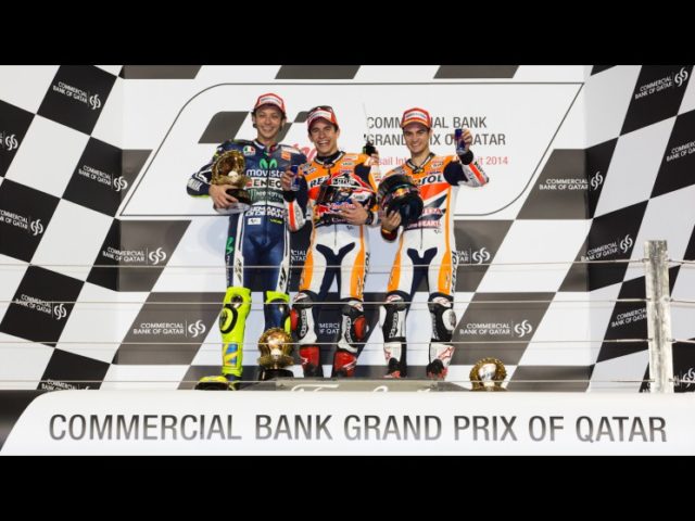 Il podio del Qatar con Rossi, Marquez e Pedrosa