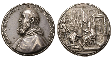 Fig. 2 - Medaglia commemorativa della consegna dello stendardo di Lepanto a Don Giovanni d’AustriaArgento – 42.8mm – 38.8g Fonte: Solidus Numismatik – https://numismatica-italiana.lamoneta.it/moneta/W-ME8A/1