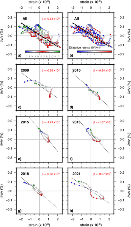 Figura 2: Analisi della sensitività (β) delle variazioni di velocità delle onde sismiche (δv/v) in funzione della deformazione orizzontale (strain). δv/v è stato misurato attraverso l'analisi temporale delle variazioni del rumore sismico ambientale mentre la deformazione è stata calcolata attraverso i dati delle stazioni della rete GNSS RING. β è un parametro significativo per definire la non-linearità delle proprietà elastiche della crosta terrestre e delle modalità di accumulo e rilascio della deformazione sismica nelle zone di faglia. In a) e b) sono mostrati i valori di δv/v e deformazione in funzione della fase annuale (a) e della velocità di deformazione (b). In c-h sono mostrate le variazioni di δv/v e deformazione per singole annualità. 