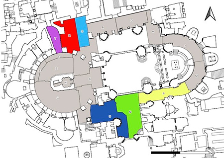 Mappa Basilica del Santo Sepolcro - In sei colori aree di scavo indagate nel 2024, in grigio aree indagate nel 2022 e 2023 - Crediti Terrasanta.net